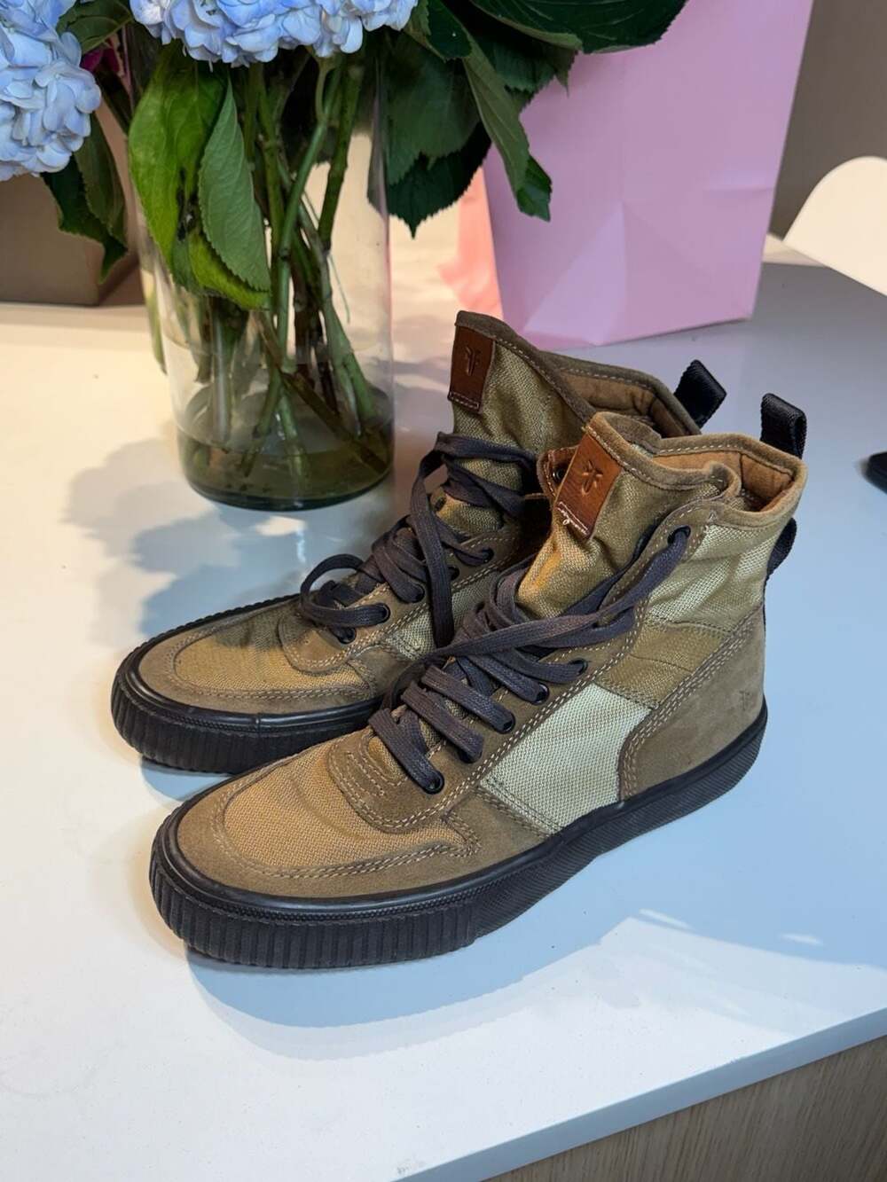 Frye Combat Lace Up 80204 Men's High-Top Sneakers in Olive Canvas and Suede